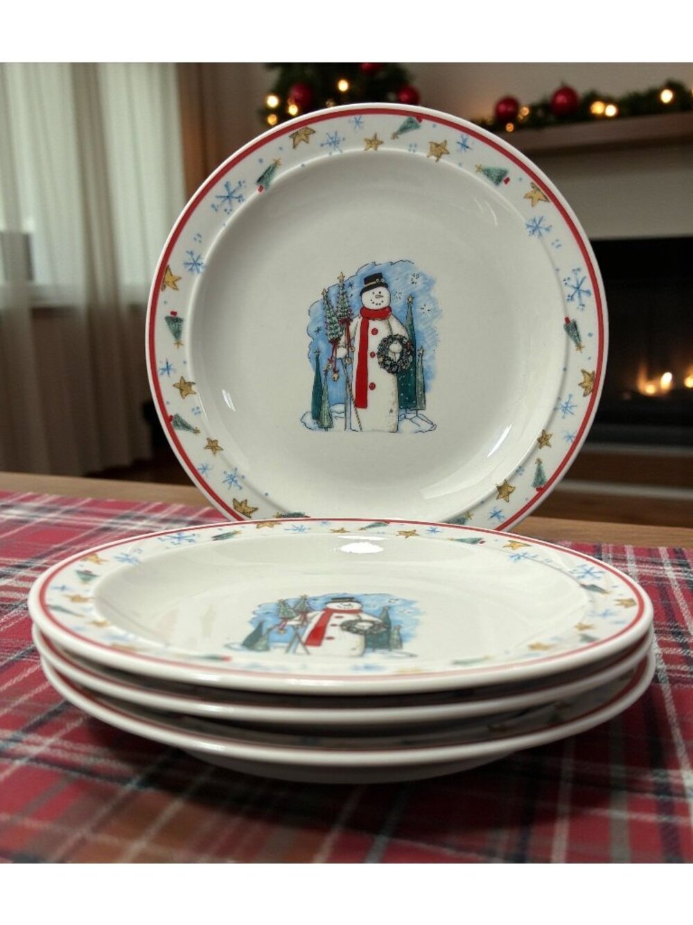 Enchanted Forest Snowman Salad Dessert Plates Christmas Holiday Winter Set Of 4